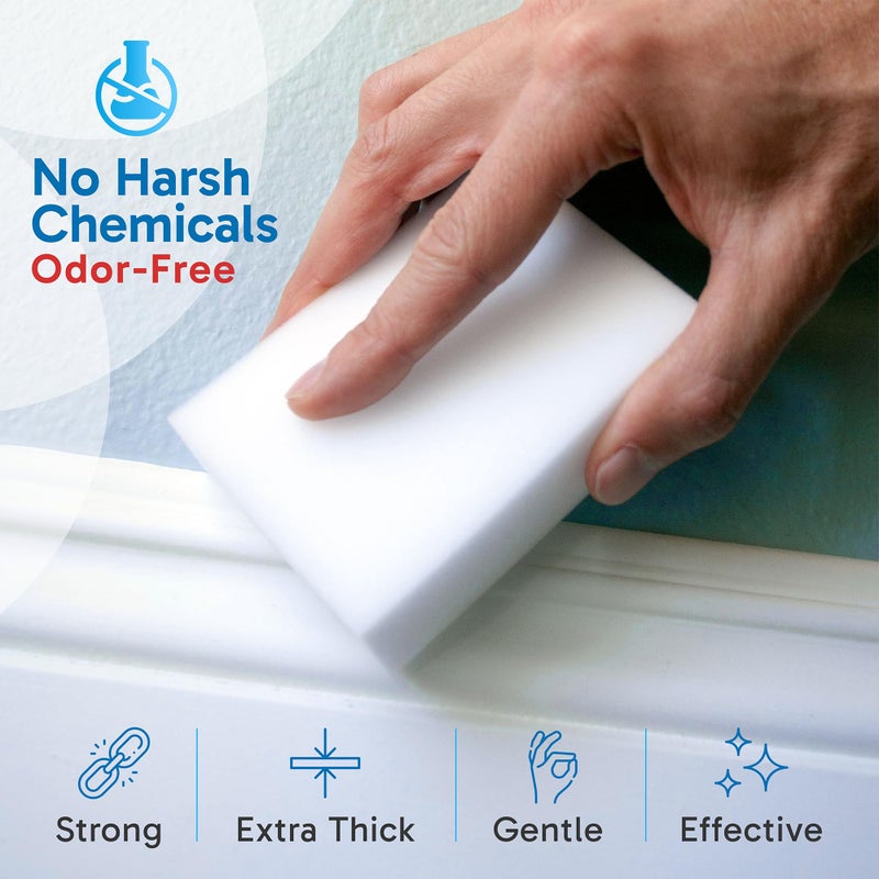 Oh My Clean (100 Pack) Extra Large Eraser Sponge - Extra Thick, Long Lasting, Premium Melamine Sponges in Bulk - Multi Surface Power Scrubber Foam Cleaning Pads - Bathtub, Floor, Baseboard, Bathroom, Wall Cleaner - Image 4